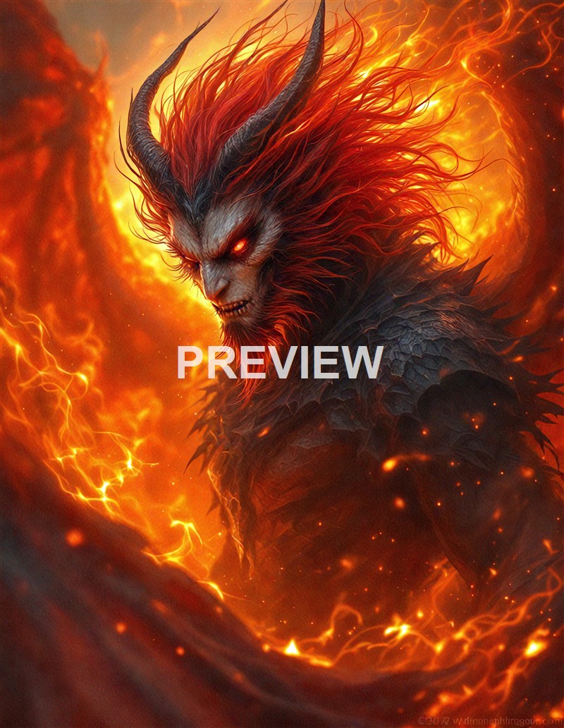 A fierce, demonic creature with glowing red eyes, large curved horns, sharp teeth, and a mane of fiery red hair, surrounded by flames and molten lava.